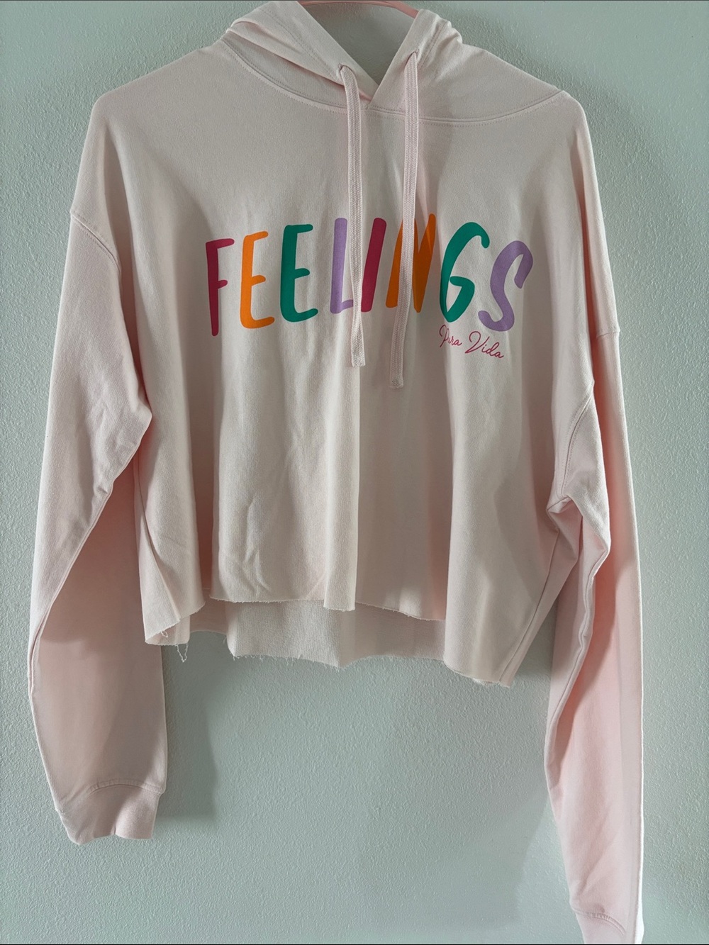 Pura Vida Light Pink "FEELINGS" Cropped Hoodie